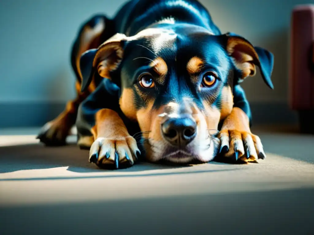 Retrato impactante de perro con ansiedad por separación Perro angustiado por ansiedad de separación, buscando manejo eficaz ansiedad separación mascotas en habitación sombría