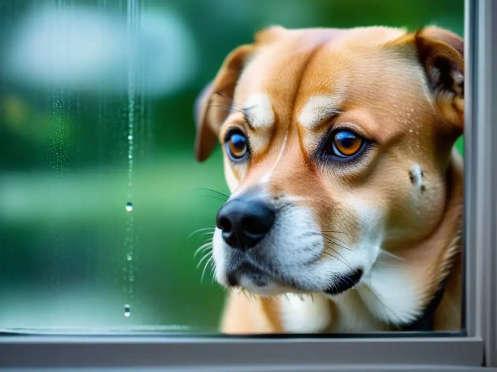 Mirada triste: perro con ansiedad de separación en la lluvia Perro con ansiedad separación mira la lluvia por la ventana, expresando tristeza y anhelo