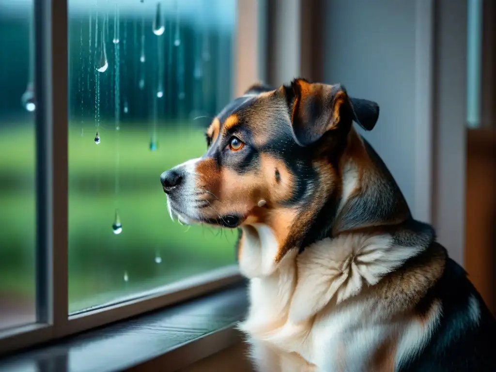 Conmovedora imagen de perro triste junto a la ventana en la lluvia Perro ansioso junto ventana lluviosa, mirando afuera