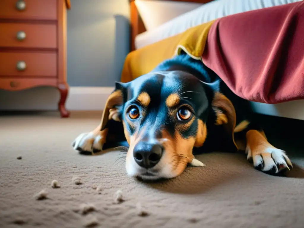 Perro asustado escondido bajo la cama durante fuegos artificiales Perro asustado escondido bajo la cama durante fuegos artificiales, reflejando el estrés en mascotas