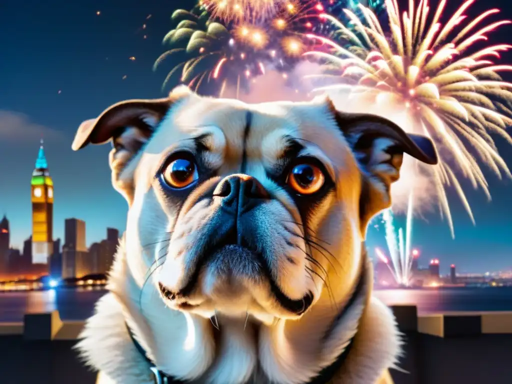 Mirada aterrorizada: perro asustado por fuegos artificiales Perro asustado por fuegos artificiales, reflejo de estrés en mascotas