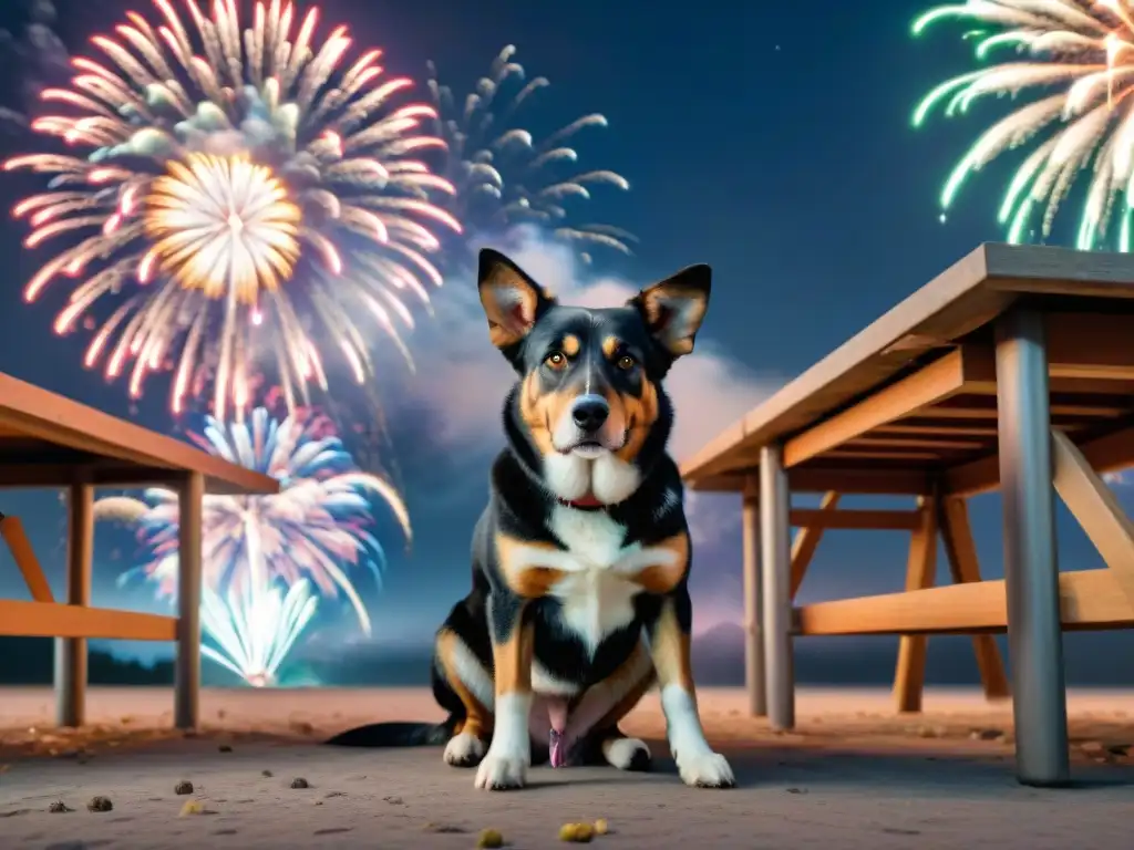 Miedo y estrés: Impacto de fuegos artificiales en mascotas Un perro asustado se esconde bajo una mesa durante fuegos artificiales, reflejando el estrés en mascotas