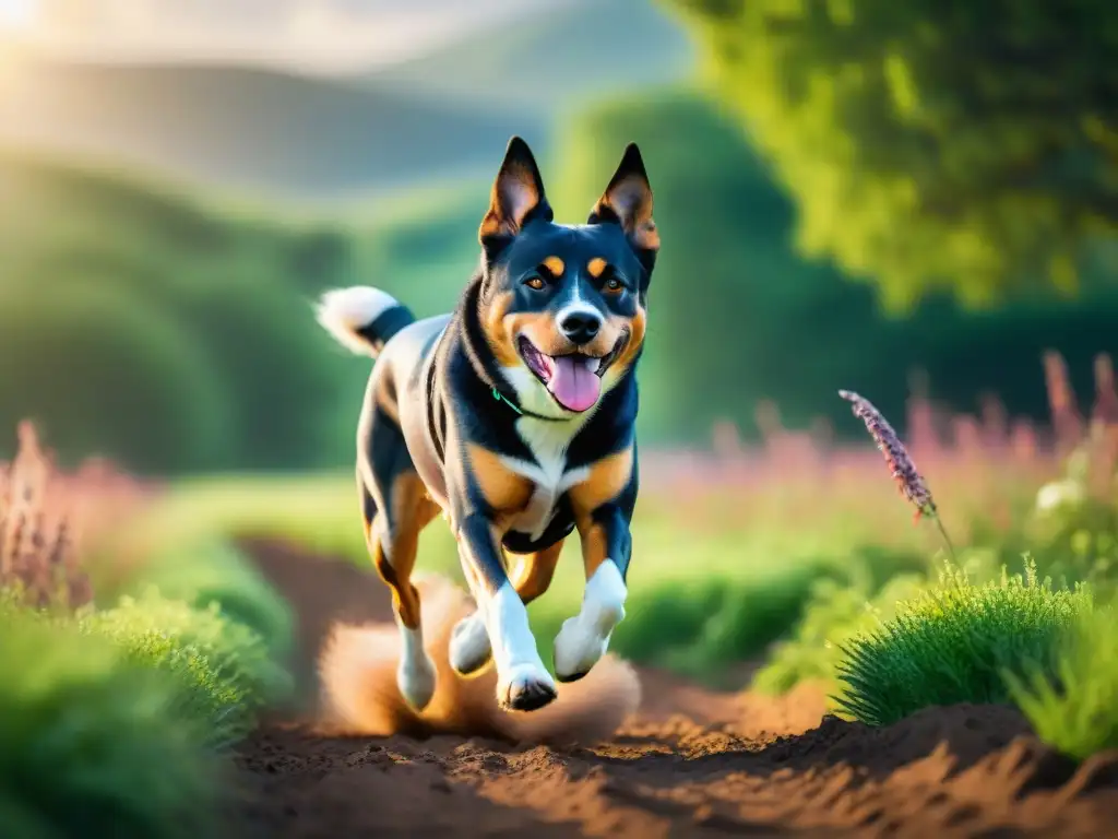 Perro atleta radiante: vitalidad y energía en un campo verde Un perro atlético y saludable corre en un campo verde bajo el sol, irradiando vitalidad y energía