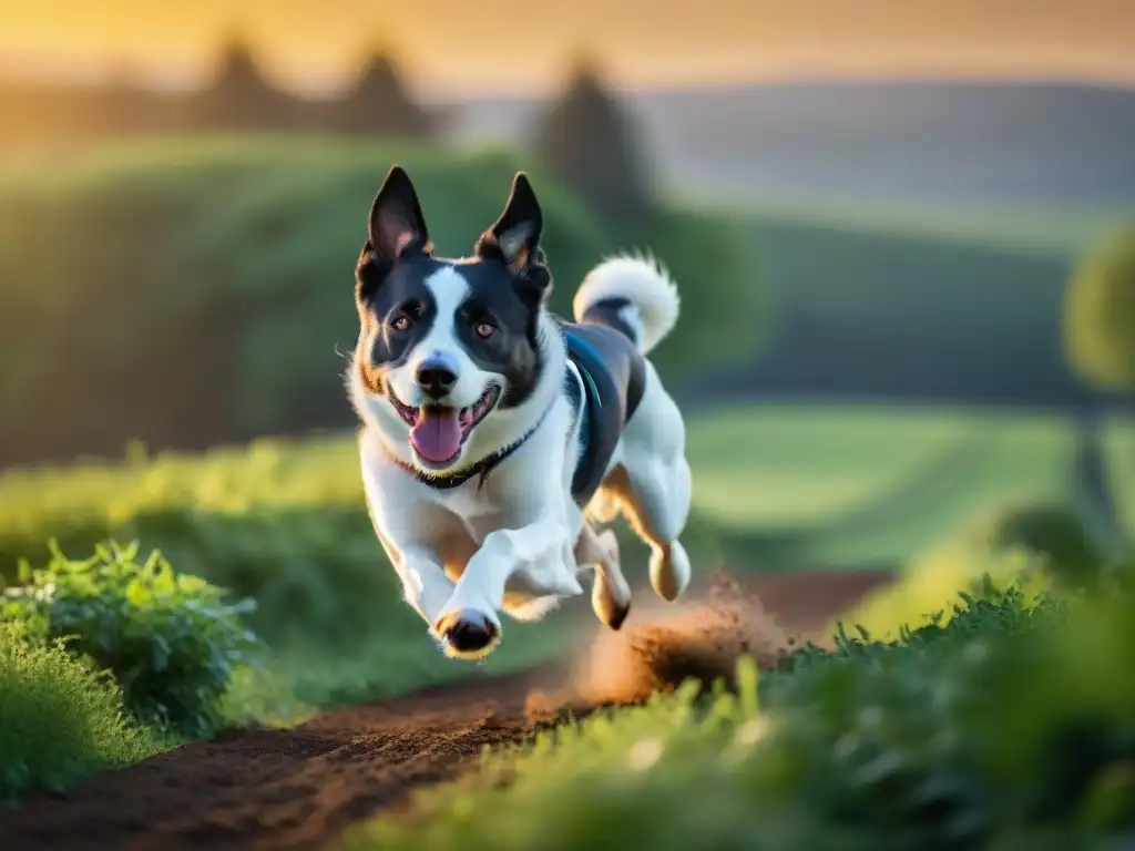 Perro atlético en campo verde al atardecer Un perro atlético y saludable corre en un campo verde al atardecer, destacando la importancia de las vitaminas y minerales para mascotas deportistas