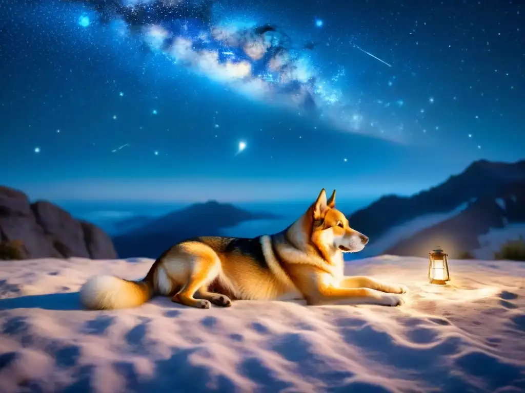 Un perro bajo un cielo estrellado, iluminado por una linterna