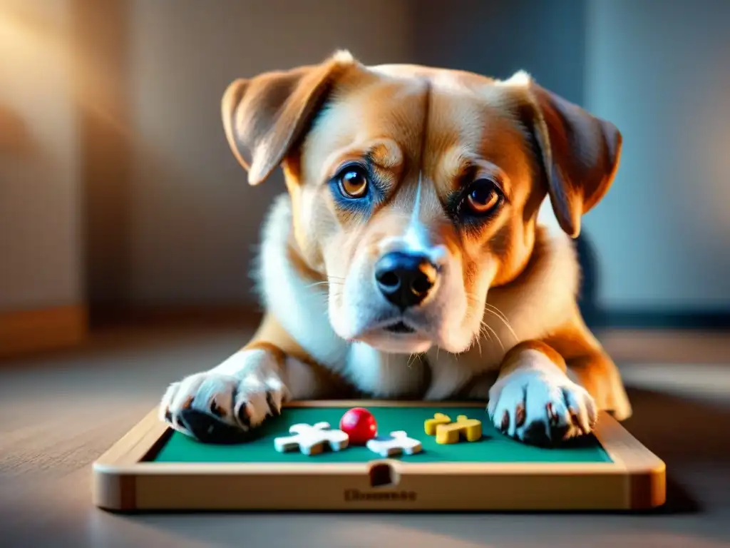 Puzzle Canino: Determinación y Concentración en Acción Perro concentrado resolviendo rompecabezas, muestra desarrollo cognitivo mascota juego