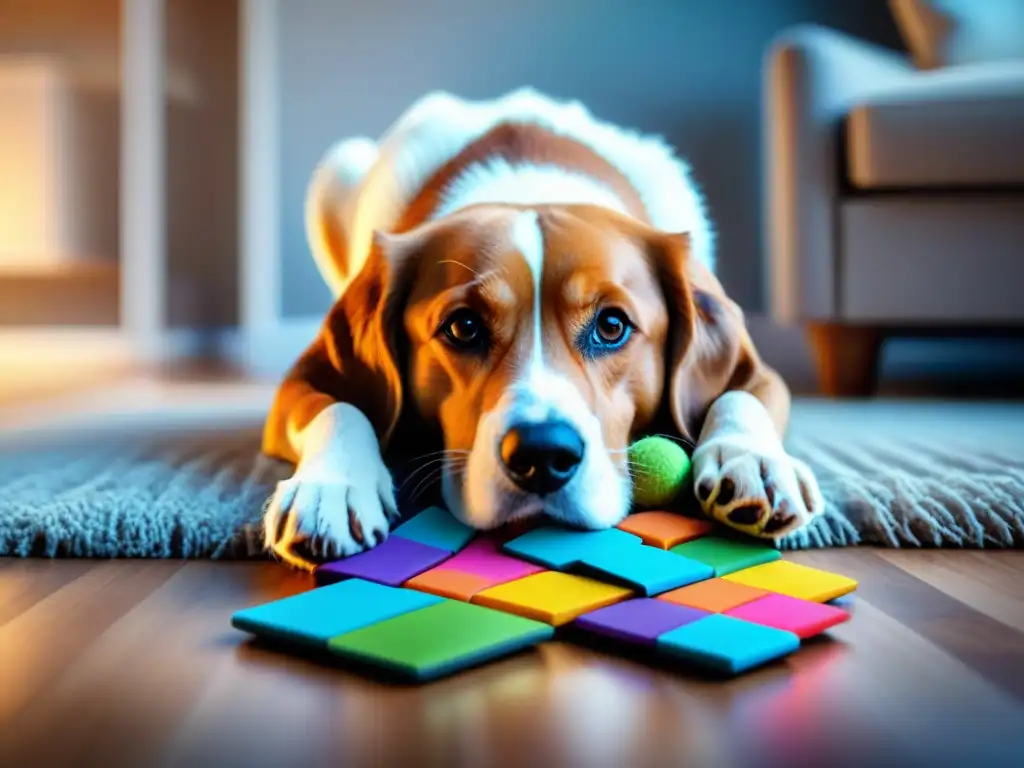 Juguete interactivo para perros: diversión y estimulación mental Perro curioso manipulando colorido juguete interactivo para mascotas, reduciendo ansiedad y aburrimiento