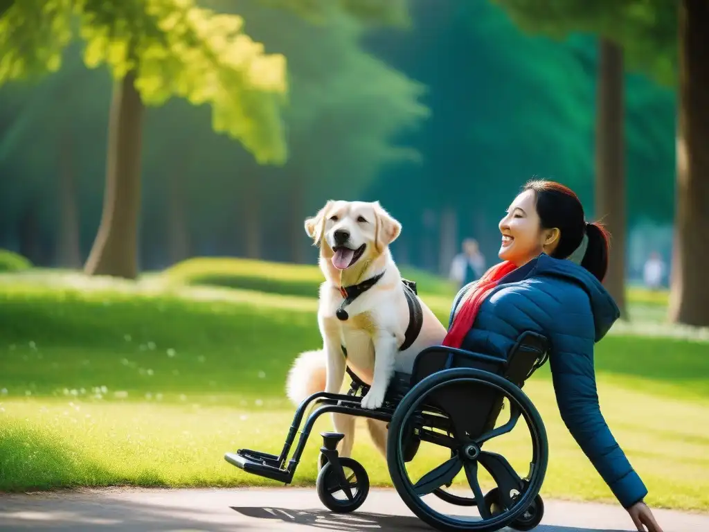 Perro discapacitado juega feliz con dueño en parque Un perro discapacitado feliz juega con su dueño en un parque, rodeados de naturaleza exuberante