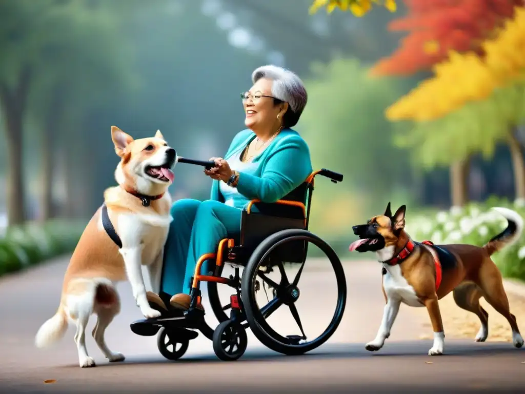 Perro discapacitado juega feliz con silla de ruedas en parque soleado Un perro discapacitado juega felizmente al lanzamiento con una silla de ruedas especial, rodeado de cuidadores en un parque soleado