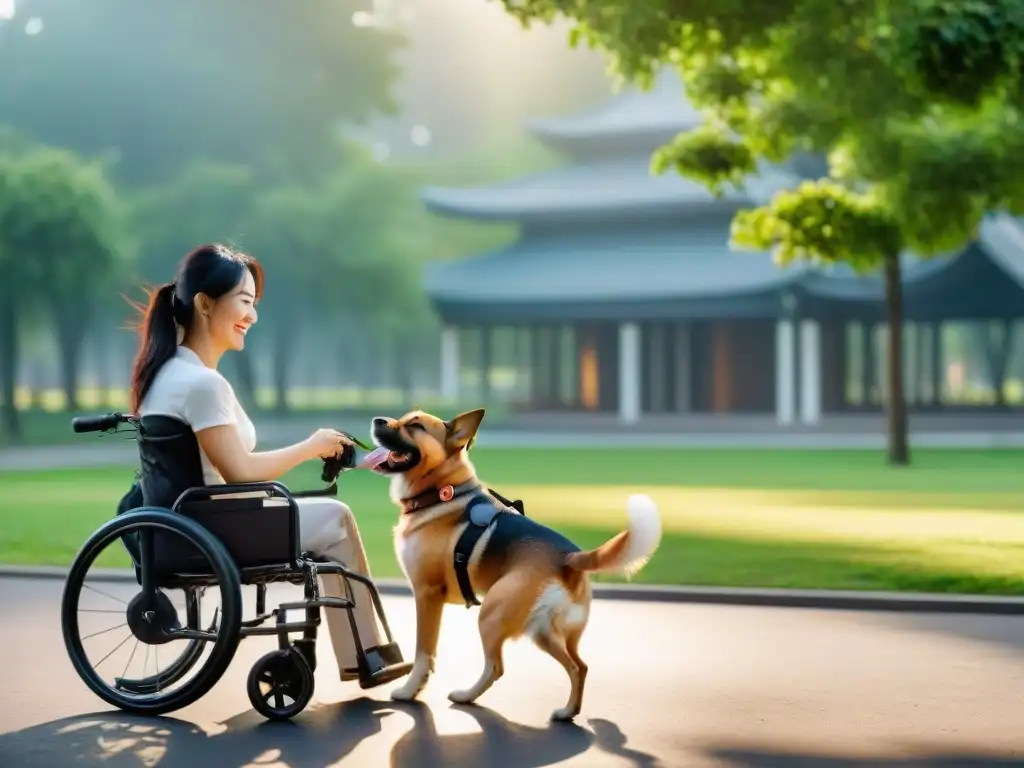 Perro discapacitado disfruta en parque con silla de ruedas adaptada Un perro discapacitado juega alegremente con su silla de ruedas en un parque soleado, rodeado de dueños de mascotas sonrientes y solidarios