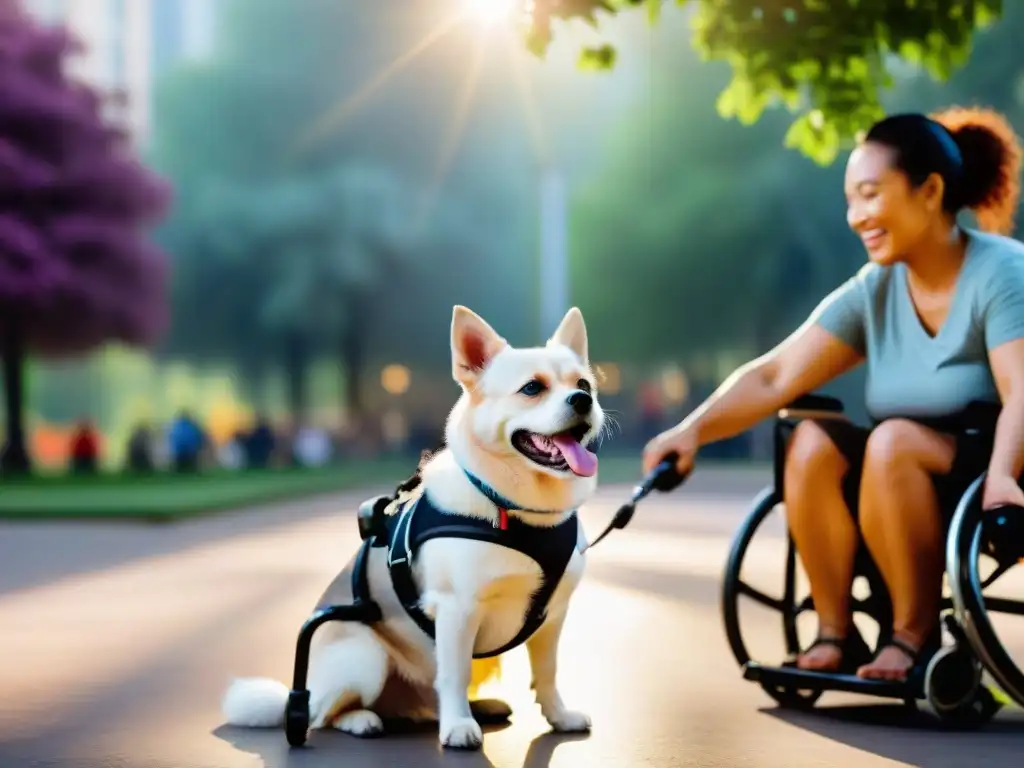 Perro con discapacidad jugando feliz con silla de ruedas en parque soleado Un perro discapacitado juega alegremente con su silla de ruedas en un parque soleado y vibrante, rodeado de cuidadores