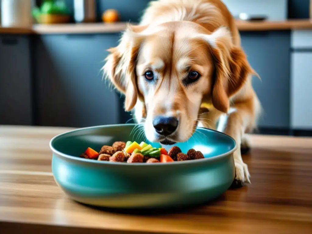 Golden Retriever disfrutando de comida gourmet en cocina moderna Un perro dorado devorando alimentos gourmet para perros saludables en un tazón de cerámica elegante