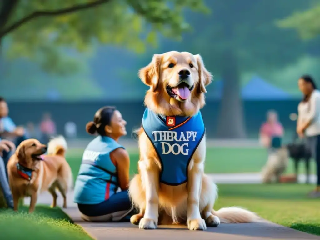 Un perro dorado con chaleco azul 'Terapia Dog' tranquilamente junto a un niño especial en un parque soleado