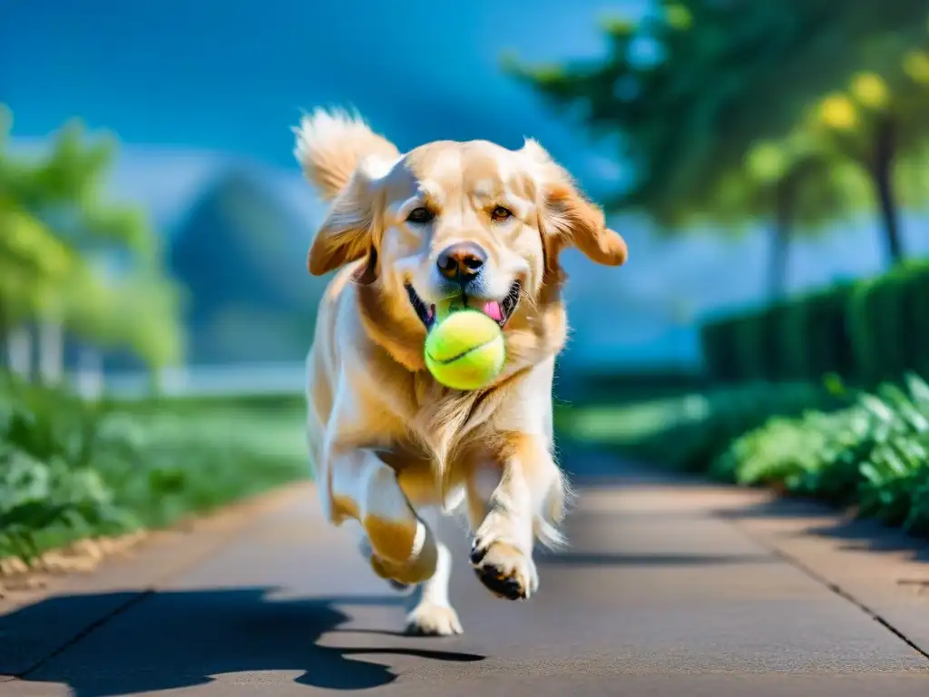Golden retriever jugando feliz en el parque soleado Perro dorado mayor disfruta de la vida jugando con pelota amarilla en parque soleado, mostrando beneficios curcuma mascotas mayores