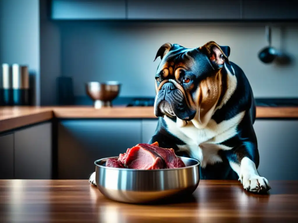 Perro musculoso disfruta carne exótica en cocina moderna Un perro elegante devorando carnés exóticas en una cocina moderna y bien iluminada