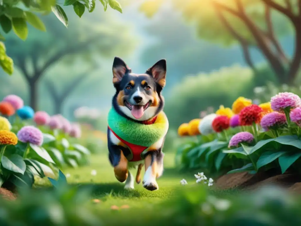 Perro feliz con juguete reciclado en parque verde Un perro feliz jugando con un colorido juguete reciclado en un parque verde, destacando los beneficios de los juguetes reciclados para mascotas