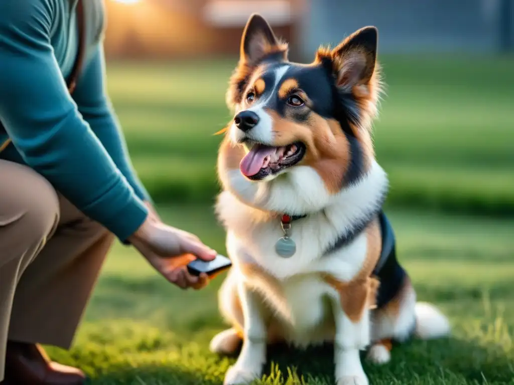 Perro feliz atento a su dueño en campo verde al atardecer Un perro feliz mira atentamente a su dueño durante una sesión de entrenamiento con clicker en un campo de hierba verde al atardecer