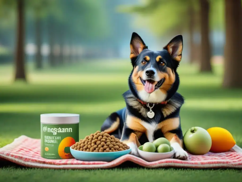 Perro feliz jugando en el parque con alimentos hidrolizados de alta calidad Un perro feliz y enérgico juega en un parque verde con productos de alta calidad