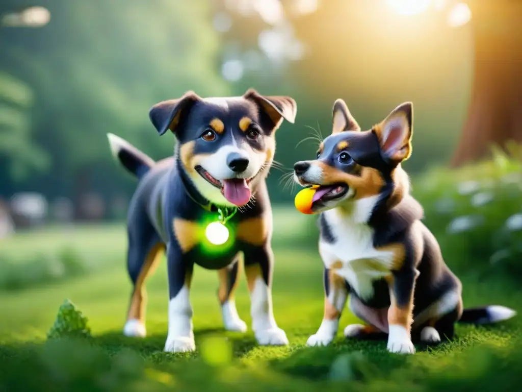 Un perro feliz jugando con un juguete ecofriendly en un parque verde