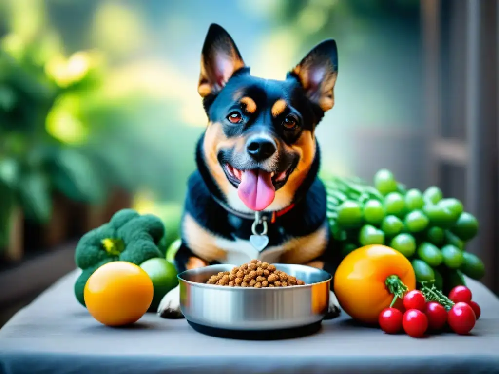 Perro saludable disfrutando comida sin granos Un perro feliz y saludable disfrutando de alimentos sin cereales rodeado de ingredientes frescos, resaltando los beneficios