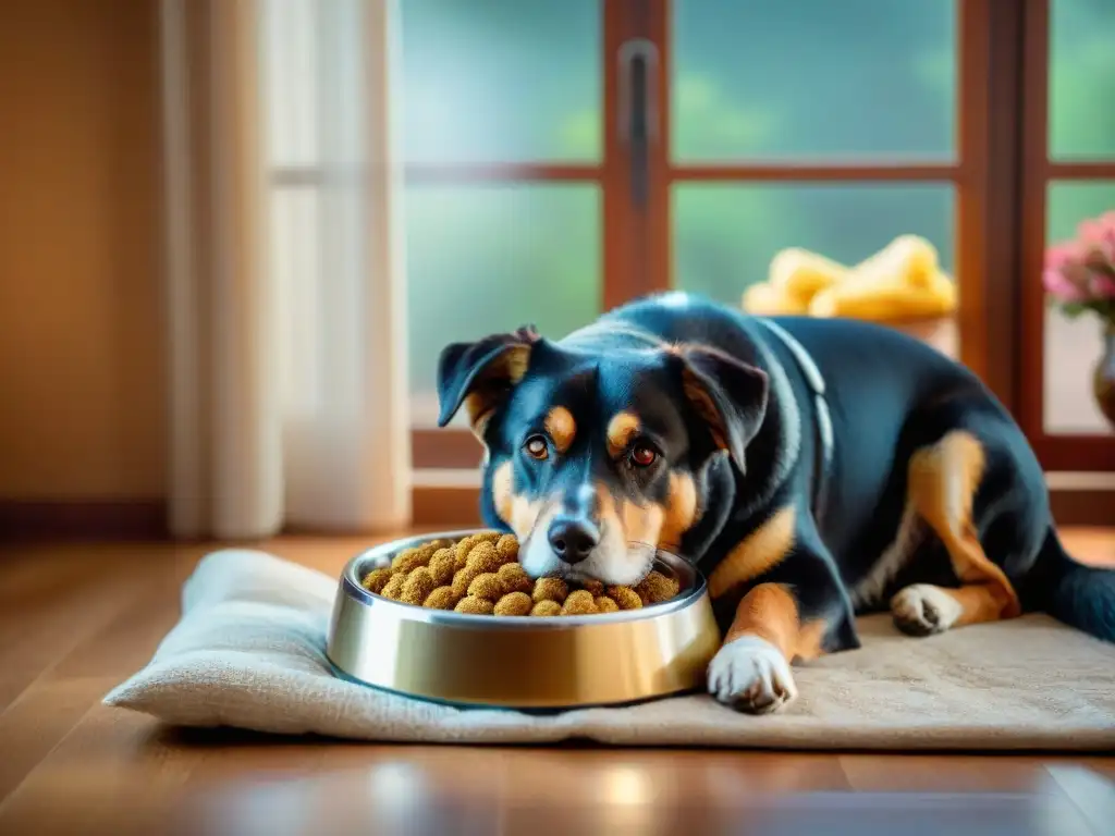 Perro feliz disfrutando de dieta especializada en ambiente acogedor Un perro feliz y saludable disfruta de su comida especial en un entorno acogedor