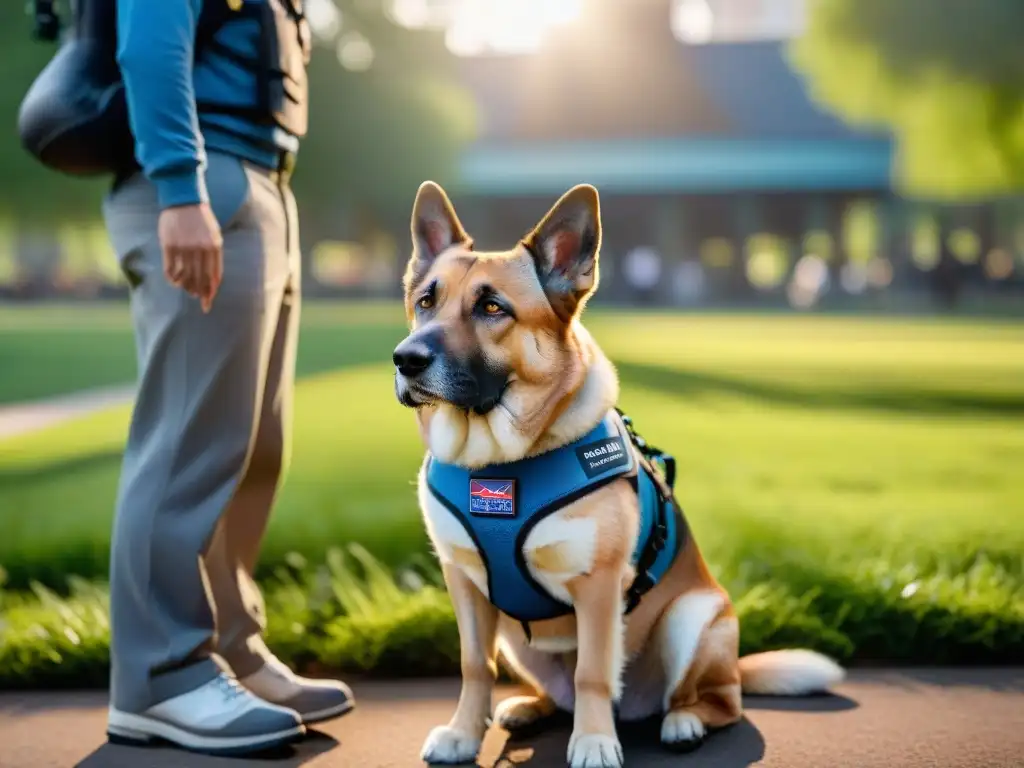 Complicidad canina: servicio y entrega en acción Un perro de servicio muestra intensa concentración al ayudar a una persona con discapacidad en un parque soleado