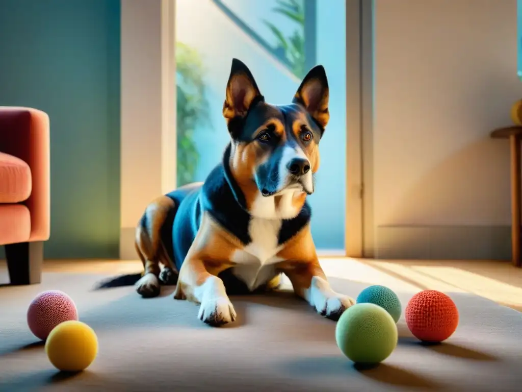 Perro feliz jugando con juguetes coloridos en habitación soleada Un perro jugando serenamente con juguetes coloridos en una habitación iluminada por el sol, evocando calma y alegría