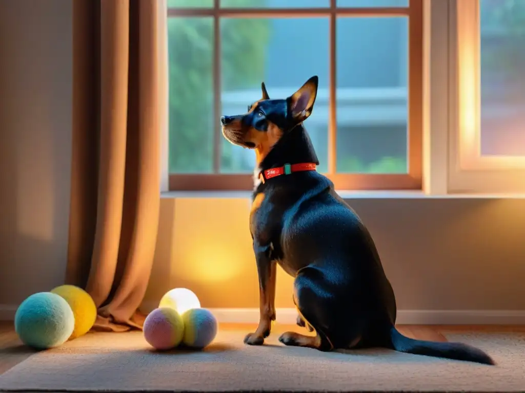 Emotiva imagen: perro leal mirando al atardecer con anhelo Perro leal mirando por la ventana al atardecer, reflejando estrés por separación en mascotas