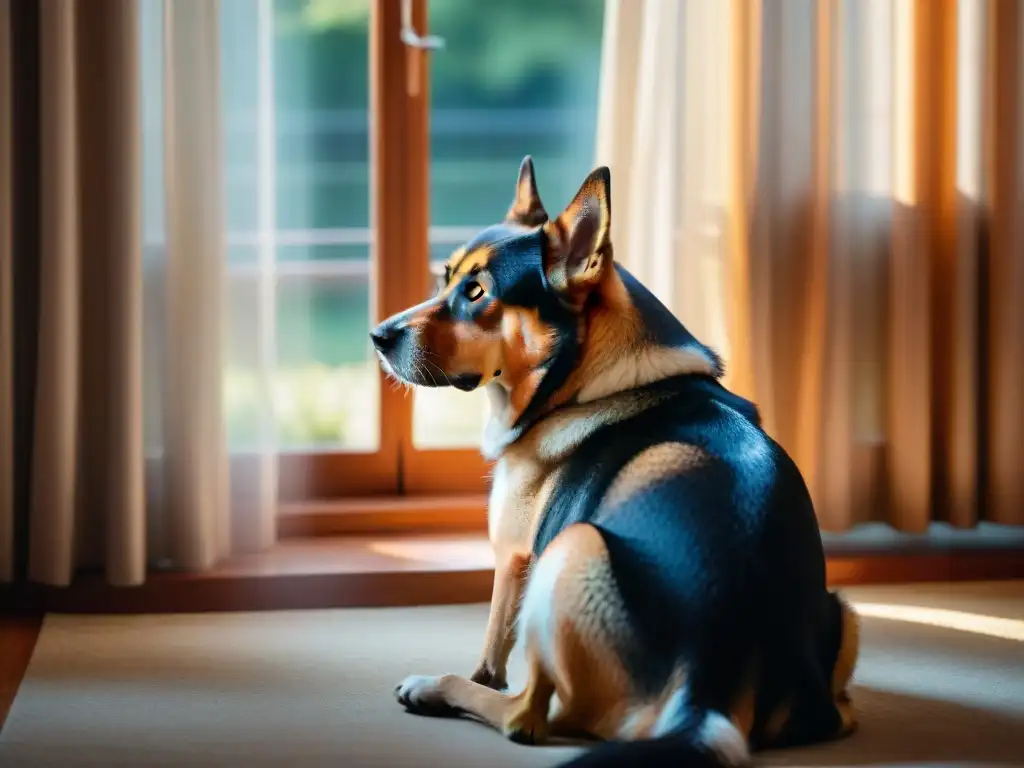 Fiel compañero canino espera junto a la ventana Un perro leal mirando por la ventana, evocando calma y conexión emocional