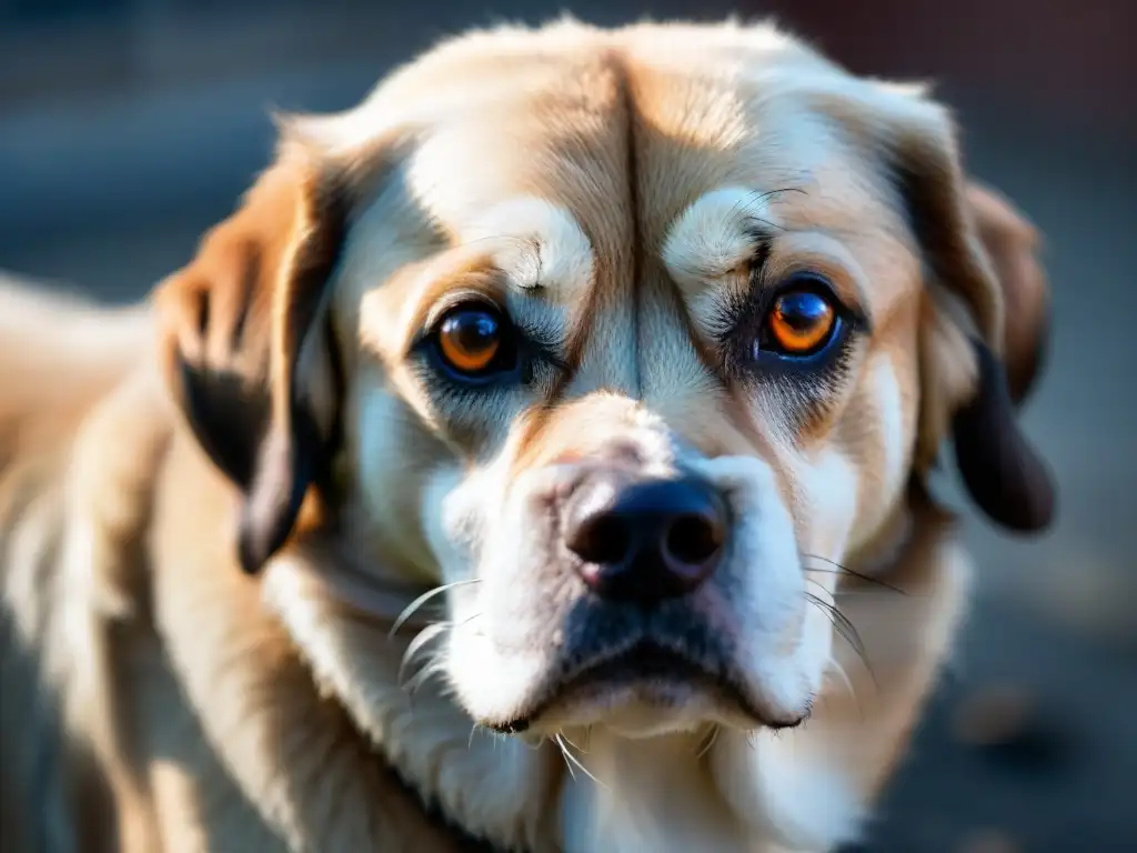 Mirada triste: denuncia el maltrato animal Un perro maltratado con mirada triste y asustada, encerrado en una jaula sucia