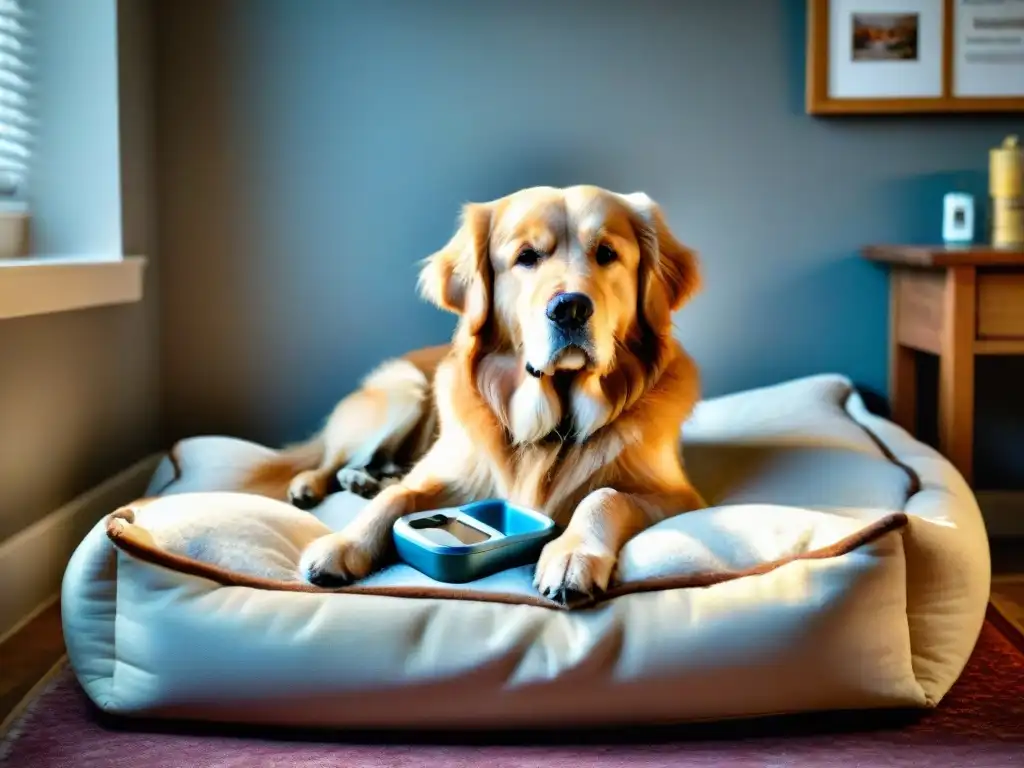 Confort y cuidado: un golden retriever anciano en su refugio soleado Perro mayor dorado descansa en cama, rodeado de suministros para cuidados perros mayores diabetes hogar, en ambiente cálido y amoroso