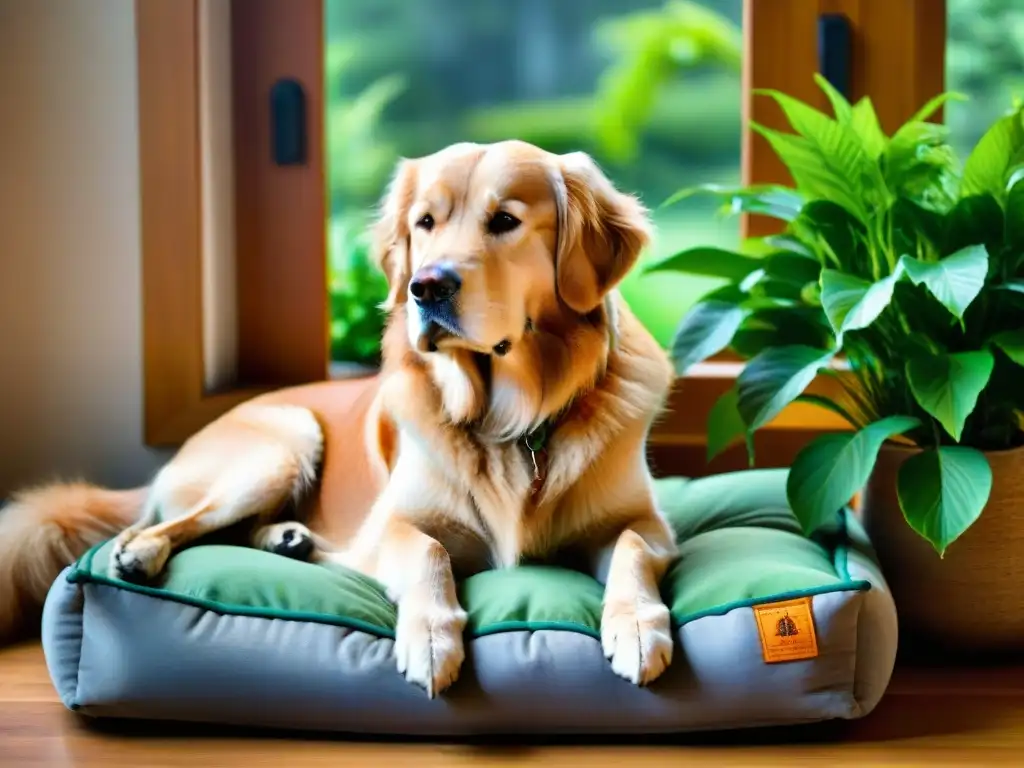 Perro dorado envejeciendo con gracia entre plantas verdes Perro mayor dorado descansa en cama rodeado de plantas verdes, iluminado por suave luz solar