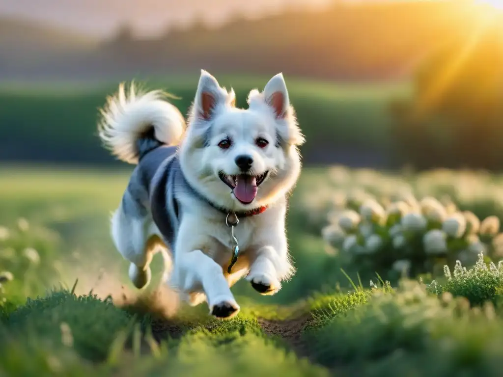 Perro mayor corriendo feliz al atardecer en campo verde Un perro mayor corriendo feliz en un campo verde al atardecer