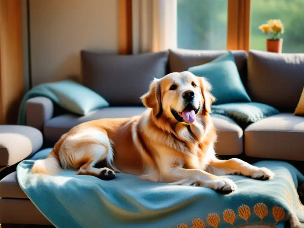 Emotivo momento familiar con perro golden retriever envejecido Un perro mayor rodeado de una familia cariñosa en una acogedora sala, transmitiendo cuidado y compañía