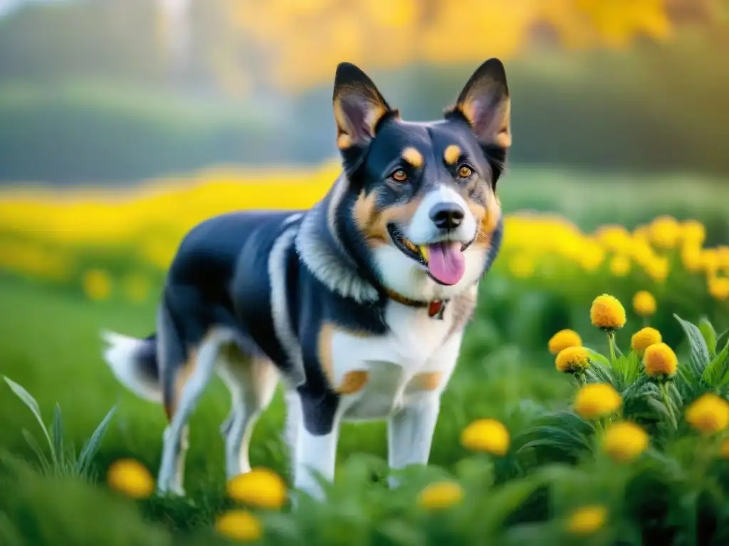 Perro mayor feliz jugando en campo verde con cúrcuma Un perro mayor sereno disfruta jugando en un campo verde bajo el sol, rodeado de plantas de cúrcuma amarilla