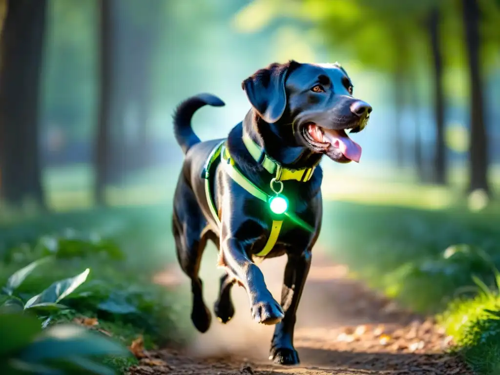 Rastreador de actividad para perros en acción Un perro Labrador Retriever feliz corre en el parque con un rastreador de actividad, reflejando un estilo de vida activo y saludable para mascotas