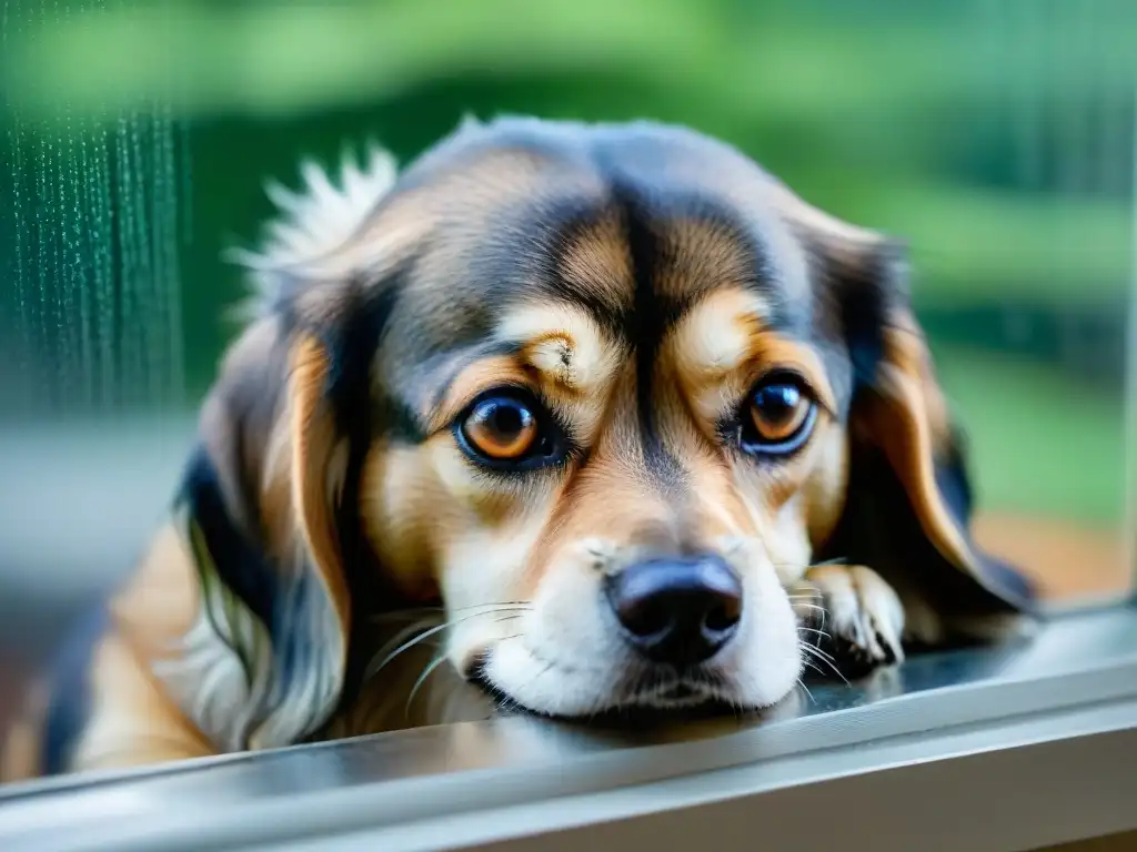 Mirada triste: ansiedad por separación en perros Un perro preocupado mira a través de una ventana empañada por la lluvia, simbolizando la ansiedad por separación en mascotas
