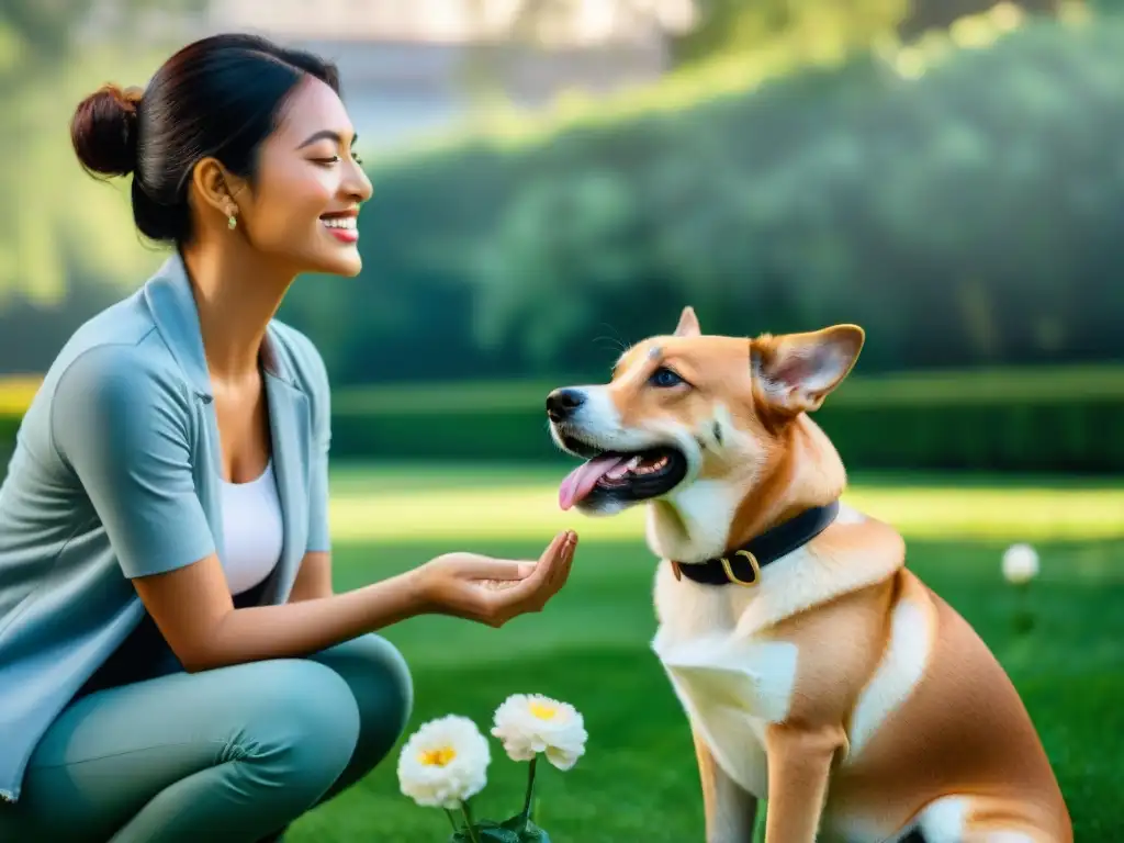 Conexión emocional: perro rehabilitado y dueño en parque sereno Un perro rehabilitado por agresividad, en paz con su dueño en un parque sereno