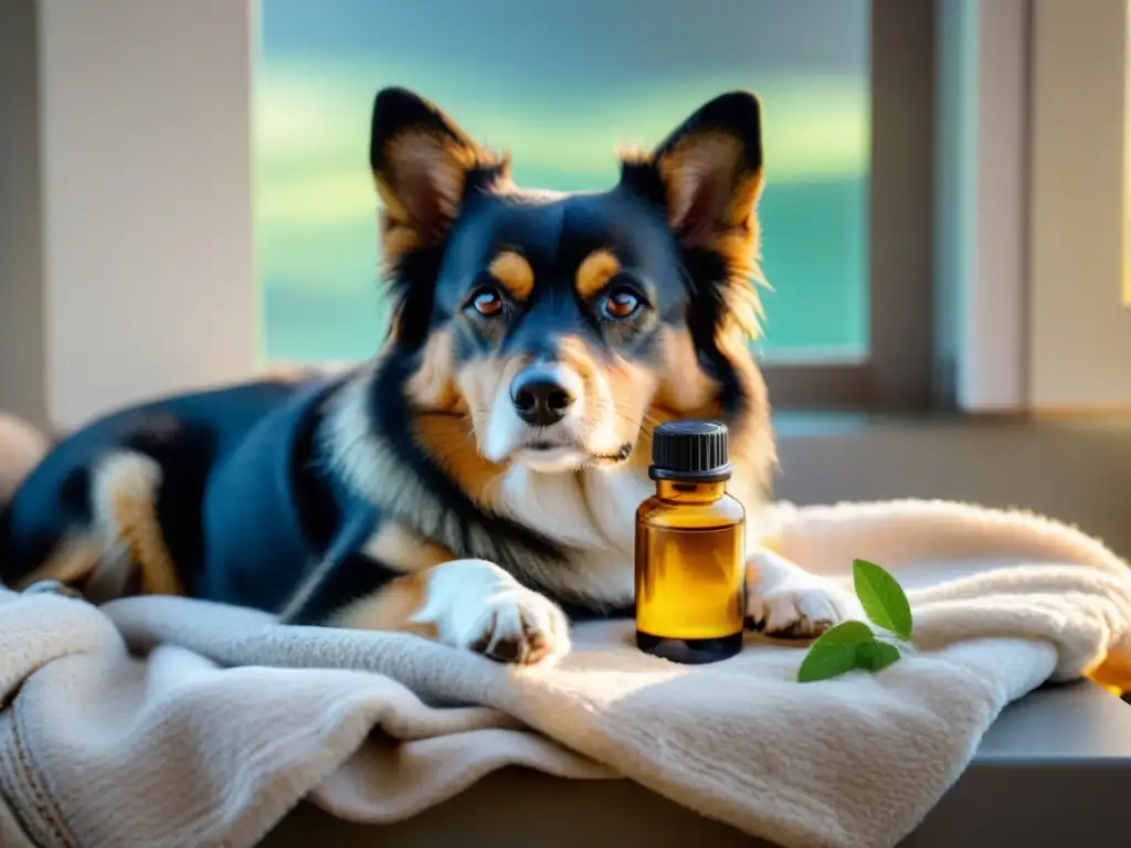Perro relajado con aceites esenciales para calmar la ansiedad Un perro relajado recostado en una manta rodeado de aceites esenciales para ansiedad mascota, bajo luz suave