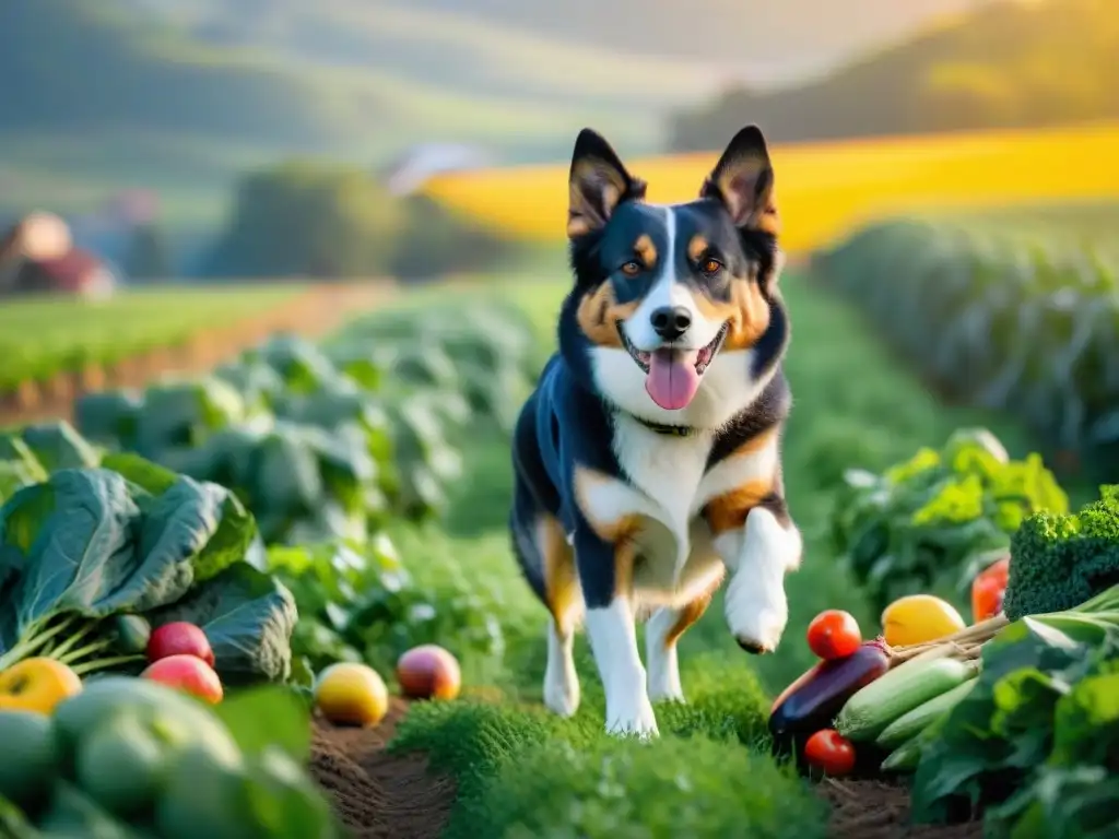 Perro saludable en campo verde con alimentos naturales Un perro saludable y feliz disfrutando de una cosecha abundante en un campo verde y frondoso
