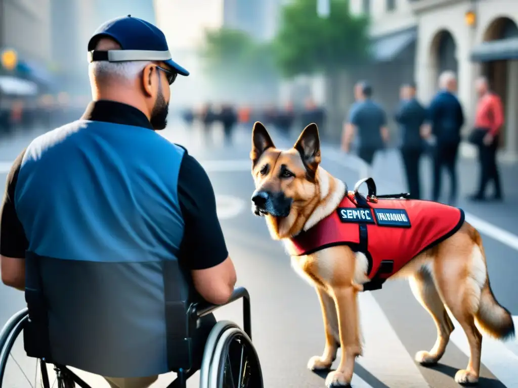 Conexión urbana: perro de servicio en entrenamiento junto a persona en silla de ruedas Un perro de servicio en entrenamiento junto a su guía en silla de ruedas, en una ciudad bulliciosa
