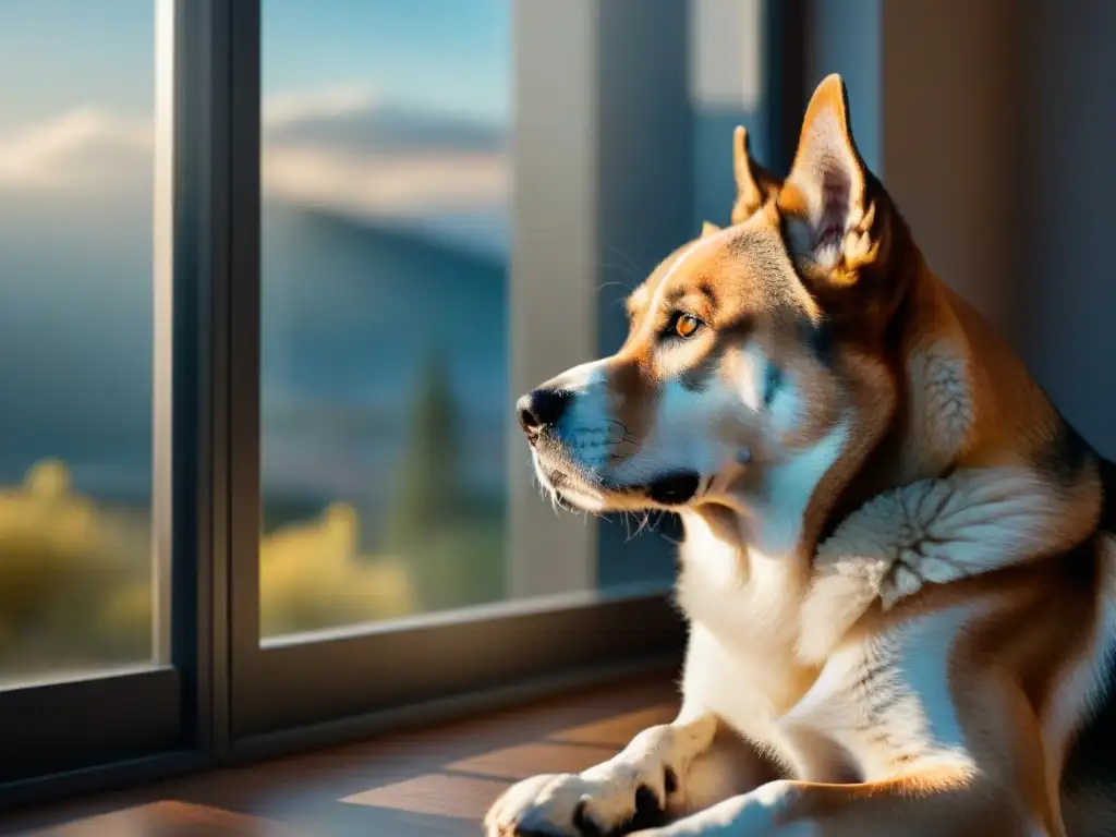 Tristeza canina: retrato emocional de ansiedad por separación Un perro solitario con ojos llorosos mirando por la ventana, iluminado por la luz natural, evocando ansiedad por separación en mascotas