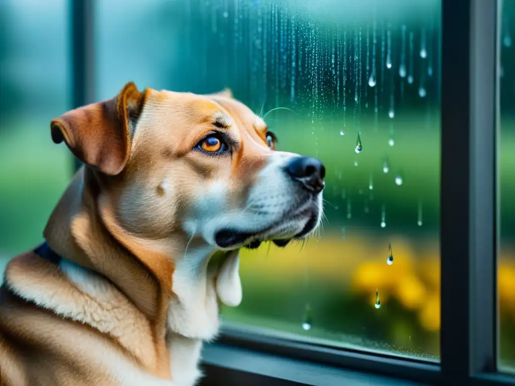 Perro solitario en ventana lluviosa: ansiedad separación mascotas Un perro solitario mirando por la ventana lluviosa, reflejando la ansiedad por separación en mascotas