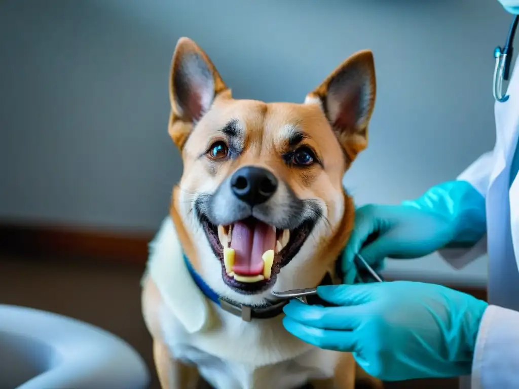 Dental checkup: Sonrisa canina saludable con veterinario compasivo Perro sonriente en revisión dental con veterinario amable