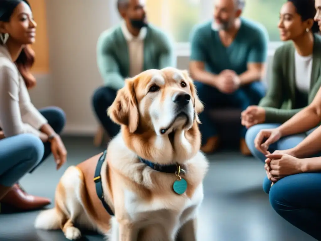 Un perro de terapia reconfortante mira a la cámara en una sesión con diversidad de participantes