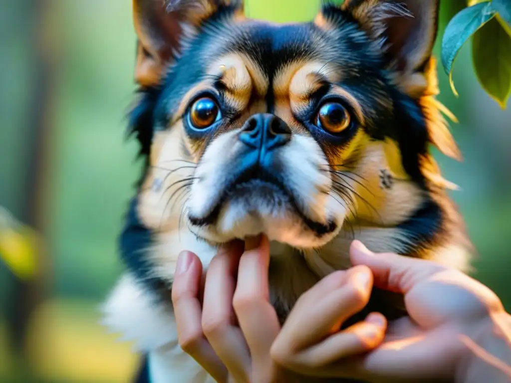 Perro tímido en rescate acercándose a mano amable, mostrando vulnerabilidad y potencial de confianza