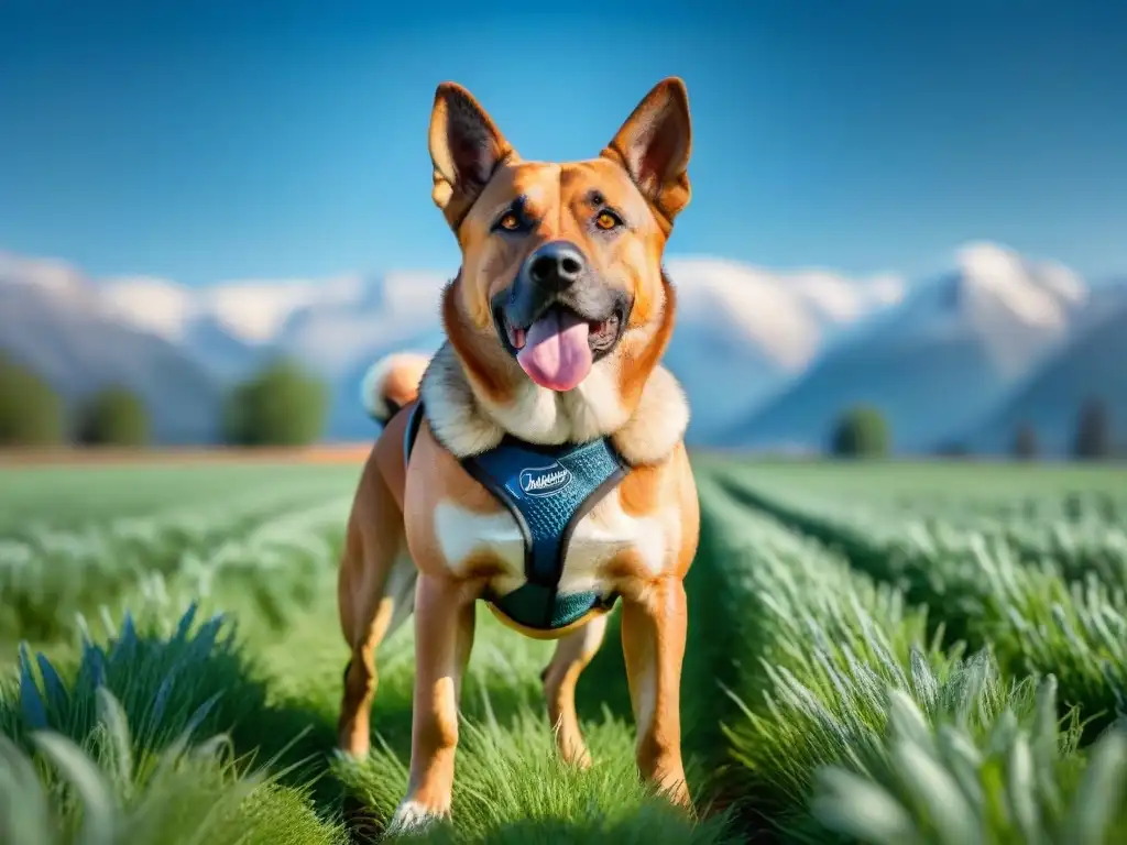 Elegante perro de trabajo en campo verde bajo cielo azul Un perro de trabajo musculoso y elegante en un campo verde bajo el sol, reflejando vitalidad y salud