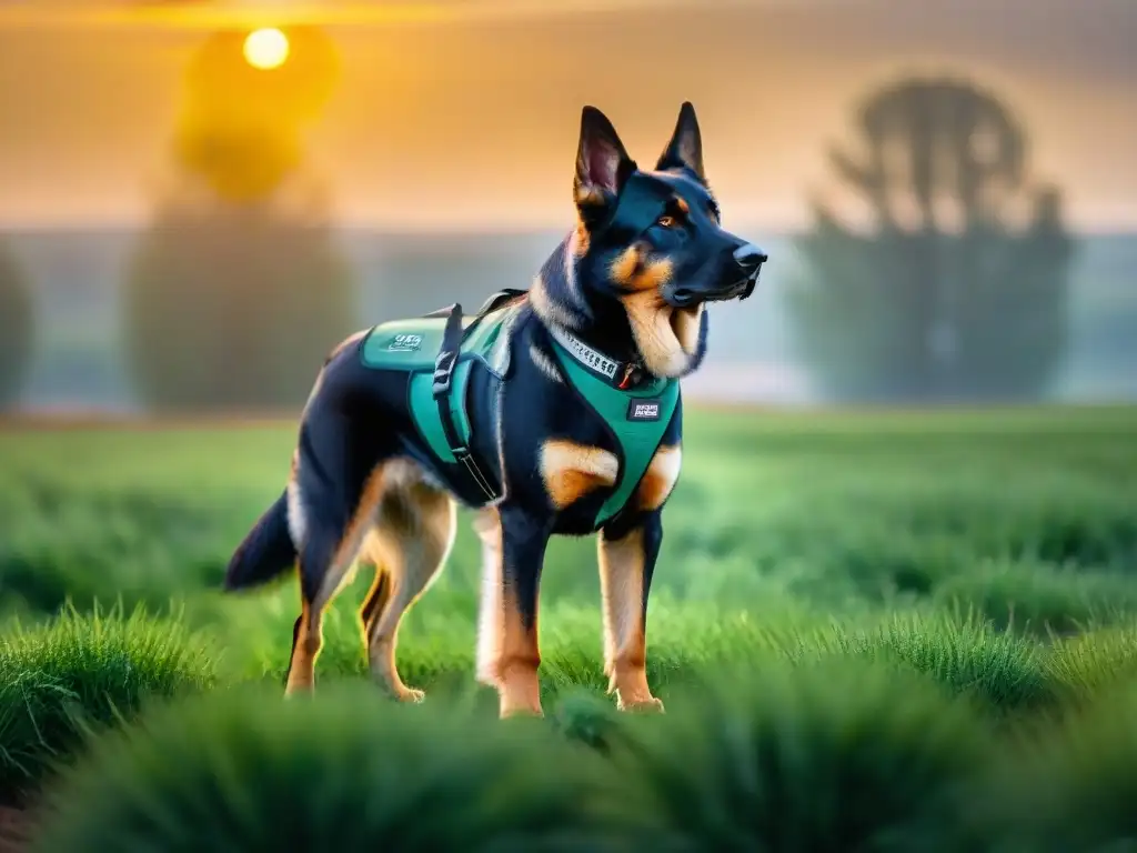 Perro de trabajo enfocado en campo verde: la fuerza y dedicación en acción Un perro de trabajo musculoso y enfocado en un campo verde, bajo el sol