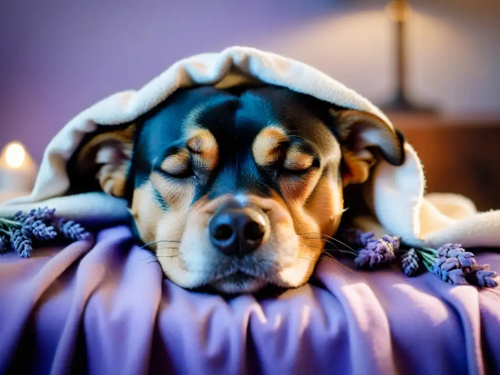 Perrito relajado en manta con aceite de lavanda Un perro tranquilo descansando en una manta suave con aceites esenciales para ansiedad mascota