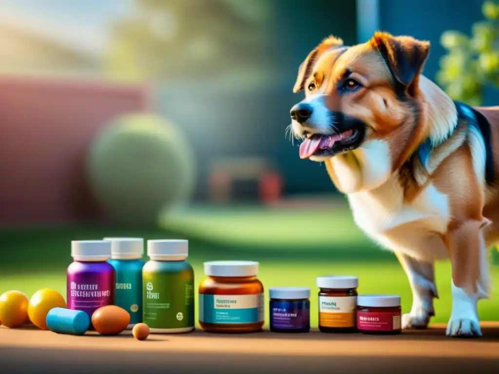 Perros jugando alegres en el patio soleado, rodeados de suplementos para fortalecer sistema inmunitario mascota
